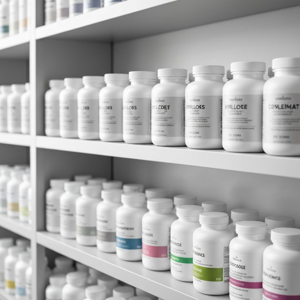 Clean supplement bottles arranged on shelf